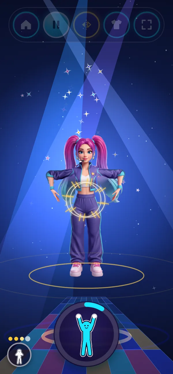 ZoeDance on a phone, with the dancer and the next-move bubble below her.