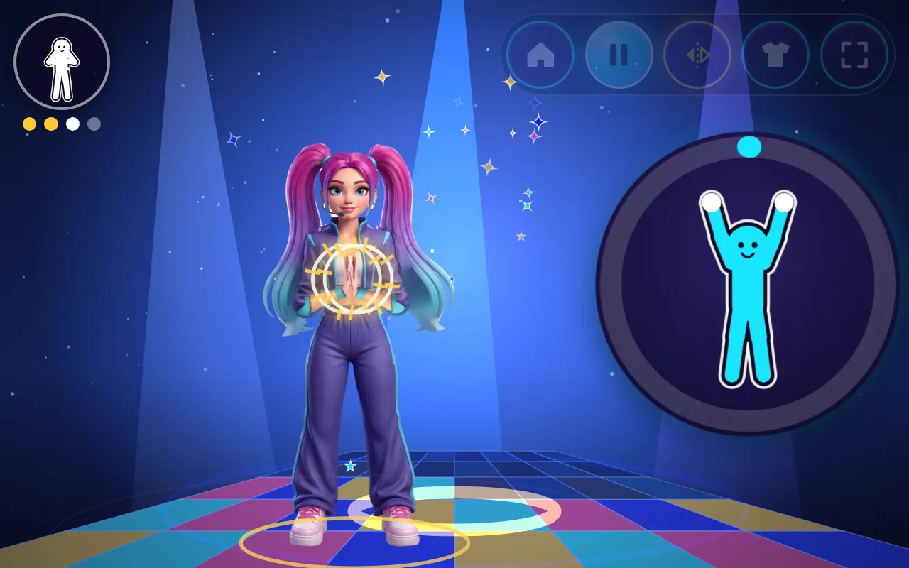ZoeDance on a tablet: the dancer Lumi has her arms out on a neon stage while a round picture bubble on the right shows the next move.