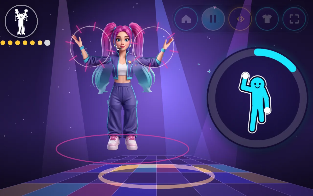Lumi dancing with arms raised and a small bubble in the corner showing the next move.
