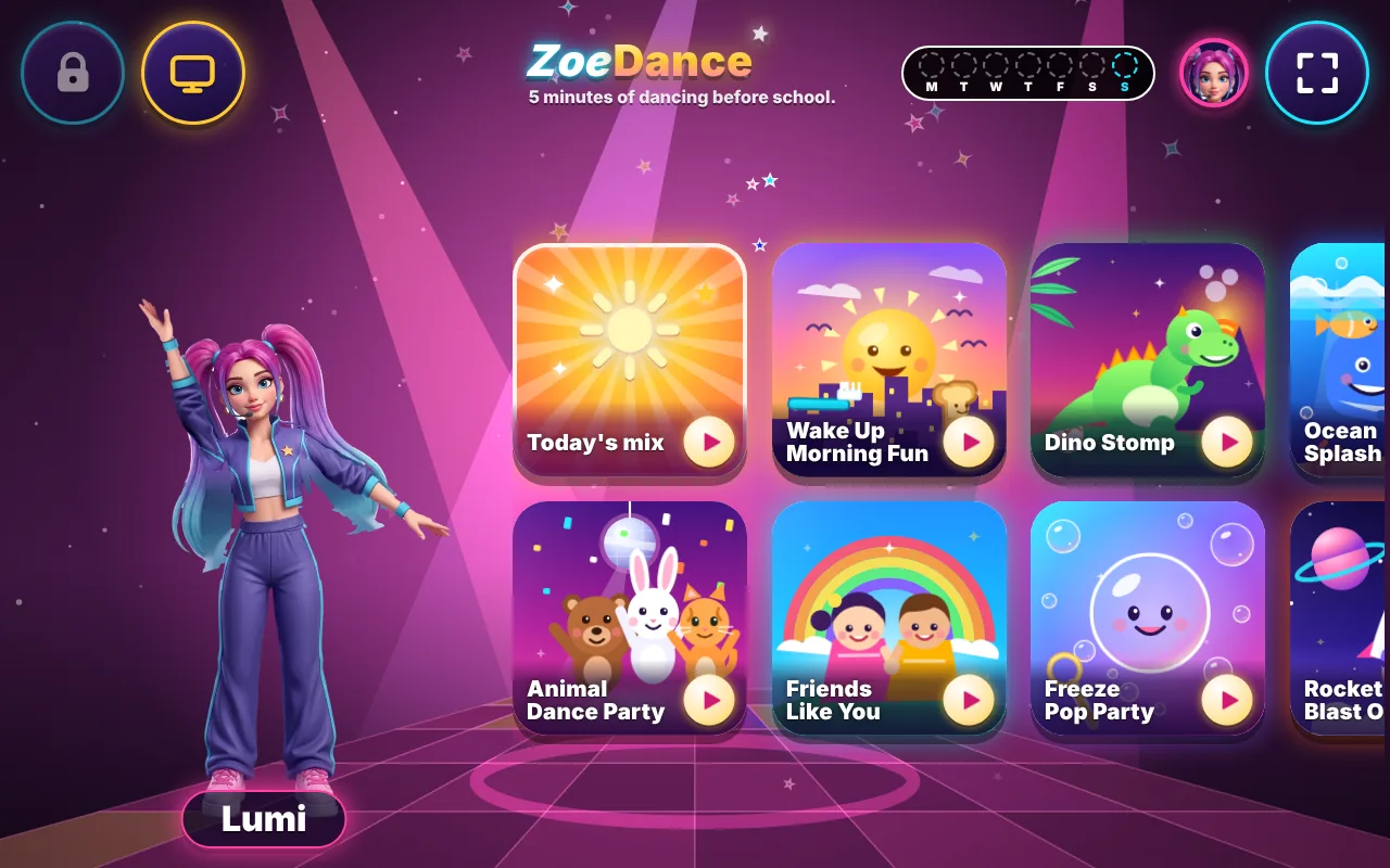 The song picker: Lumi on the left and a grid of illustrated song tiles including Dino Stomp and Animal Dance Party.